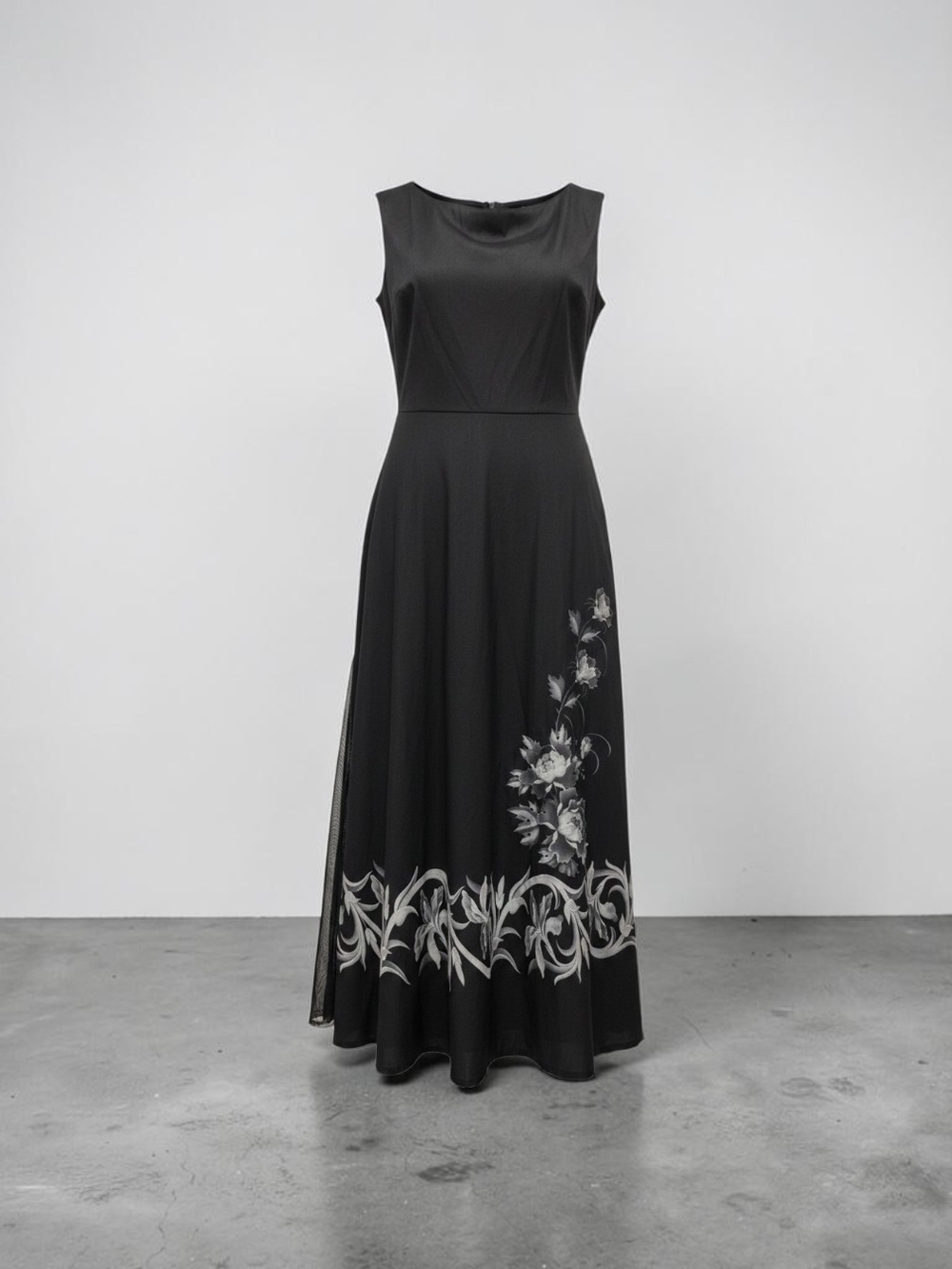 Sleeveless Black Maxi Dress with Silver Floral Trim